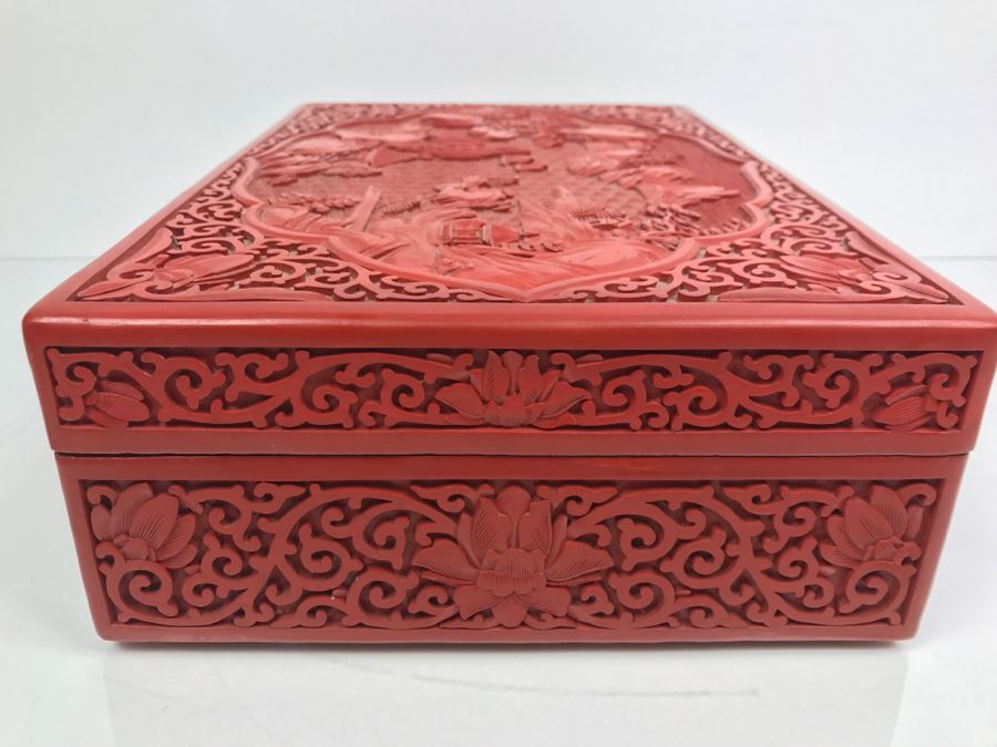 Vintage Chinese Red Cinnabar Lacquer Rectangular Box With Landscape Scene On Top [Photo 15]