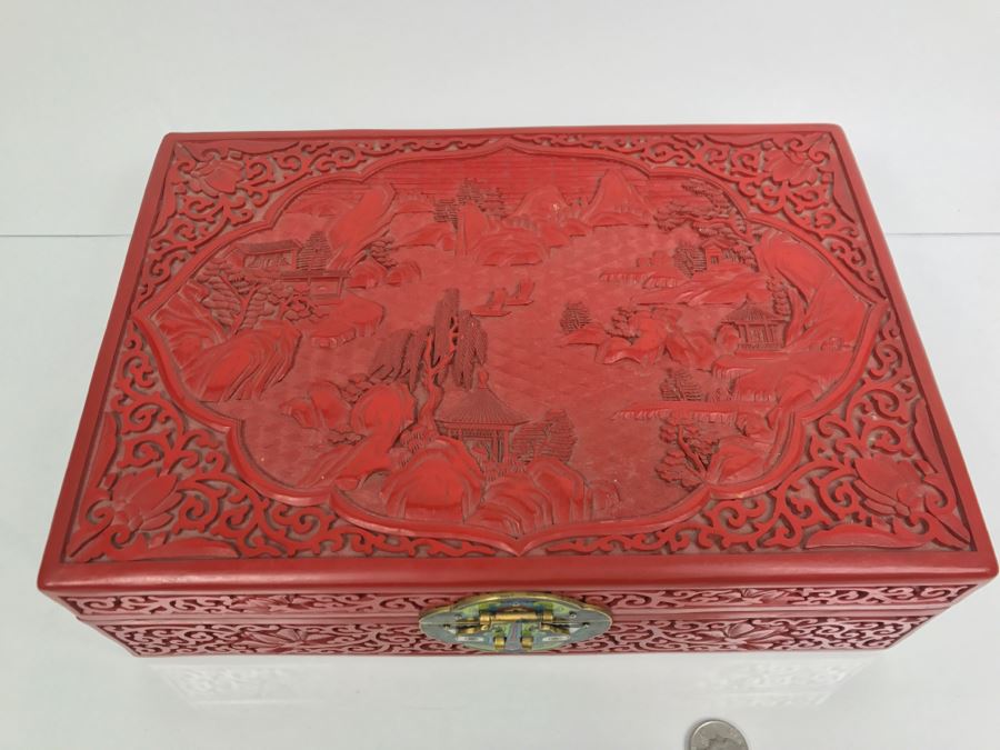 Vintage Chinese Red Cinnabar Lacquer Rectangular Box With Landscape Scene On Top [Photo 5]