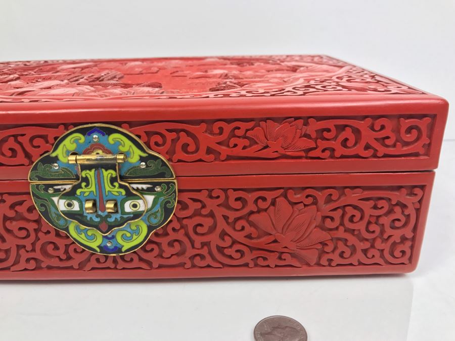 Vintage Chinese Red Cinnabar Lacquer Rectangular Box With Landscape Scene On Top [Photo 12]