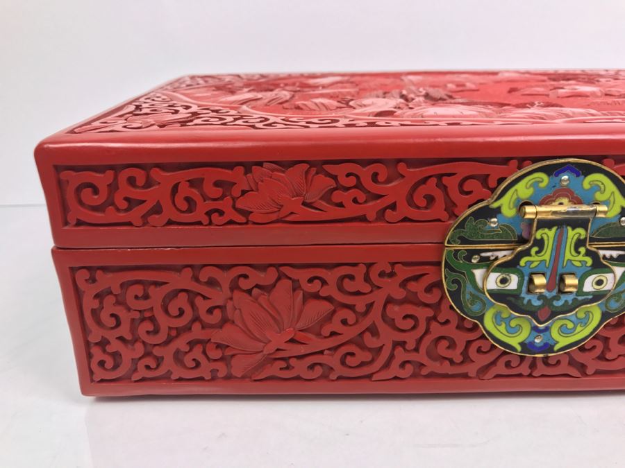 Vintage Chinese Red Cinnabar Lacquer Rectangular Box With Landscape Scene On Top [Photo 11]