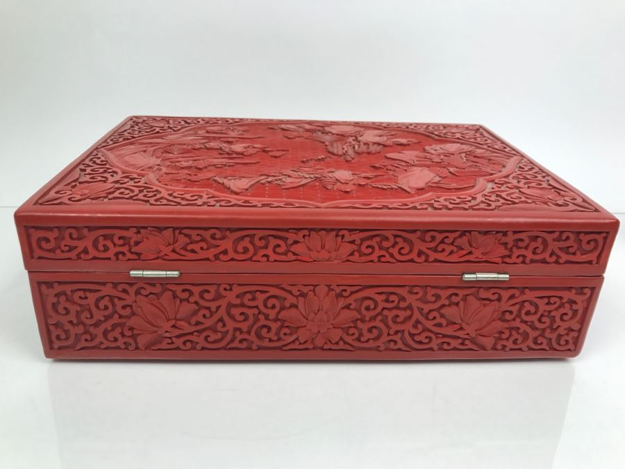Vintage Chinese Red Cinnabar Lacquer Rectangular Box With Landscape Scene On Top [Photo 14]