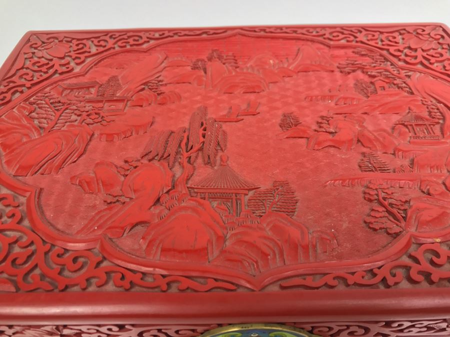 Vintage Chinese Red Cinnabar Lacquer Rectangular Box With Landscape Scene On Top [Photo 7]