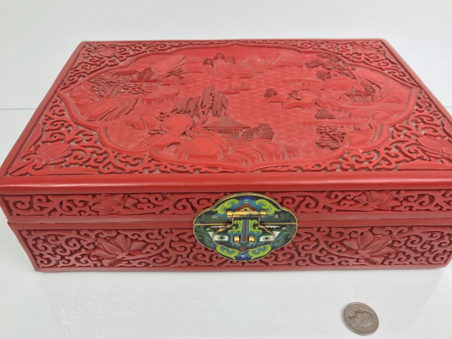 Vintage Chinese Red Cinnabar Lacquer Rectangular Box With Landscape Scene On Top [Photo 3]
