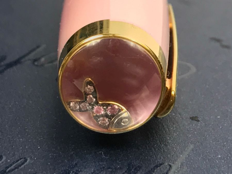 Chopard Ballpoint Pen With Moving Fish (7 SAPPHIRE PINK 0.05CT) Pink Resin Body And Cap Pink Gold Colour Trims With Box, Bag And Receipt [Photo 8]