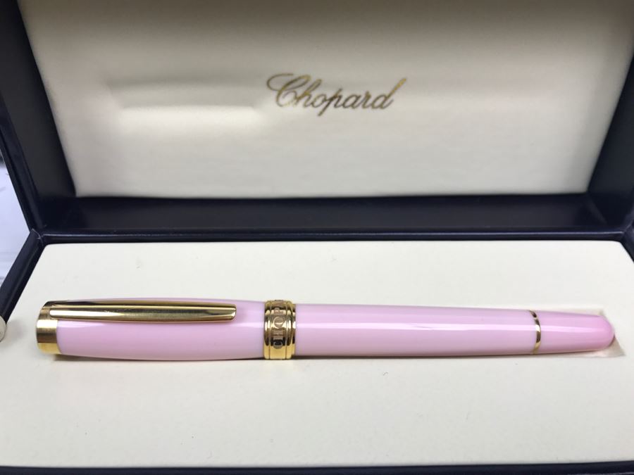 Chopard Ballpoint Pen With Moving Fish (7 SAPPHIRE PINK 0.05CT) Pink Resin Body And Cap Pink Gold Colour Trims With Box, Bag And Receipt [Photo 4]