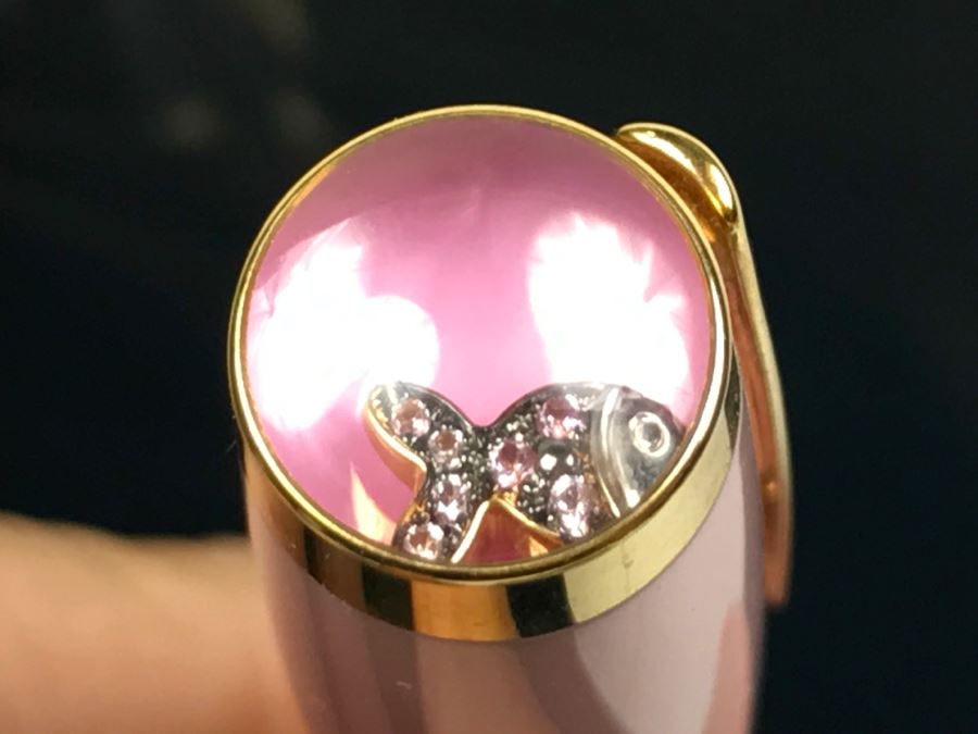 Chopard Ballpoint Pen With Moving Fish (7 SAPPHIRE PINK 0.05CT) Pink Resin Body And Cap Pink Gold Colour Trims With Box, Bag And Receipt [Photo 7]