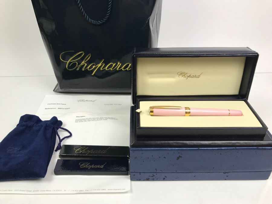 Chopard Ballpoint Pen With Moving Fish (7 SAPPHIRE PINK 0.05CT) Pink Resin Body And Cap Pink Gold Colour Trims With Box, Bag And Receipt [Photo 2]