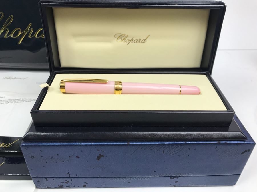 Chopard Ballpoint Pen With Moving Fish (7 SAPPHIRE PINK 0.05CT) Pink Resin Body And Cap Pink Gold Colour Trims With Box, Bag And Receipt [Photo 3]