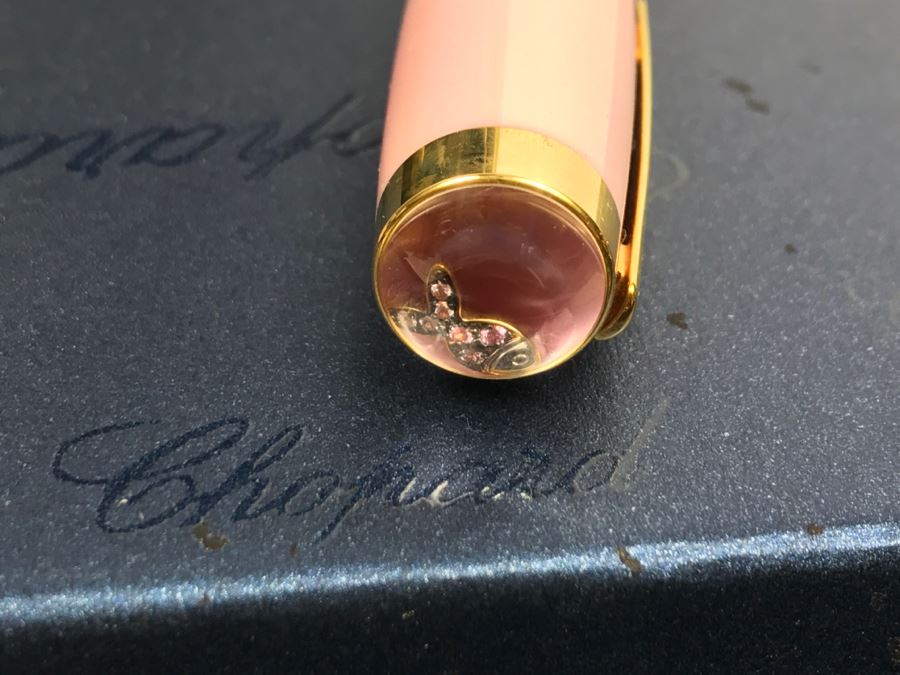 Chopard Ballpoint Pen With Moving Fish (7 SAPPHIRE PINK 0.05CT) Pink Resin Body And Cap Pink Gold Colour Trims With Box, Bag And Receipt [Photo 10]
