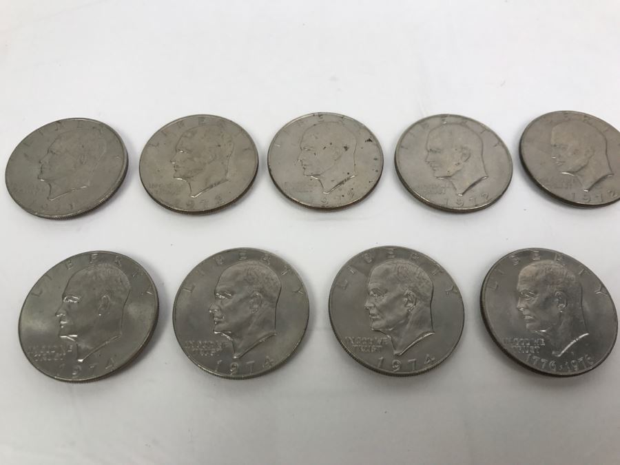 Collection Of (9) Eisenhower One Dollar Coins 1971-1976