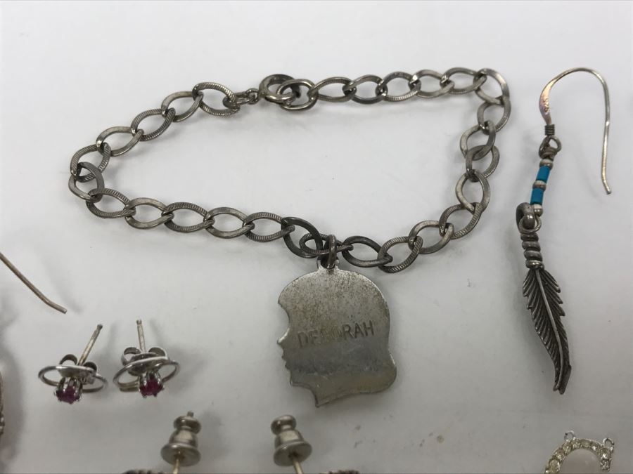 Collection Of Sterling Silver Jewelry Including Earrings (Some With Stones), Pendant And Charm Bracelet - See Photos [Photo 20]