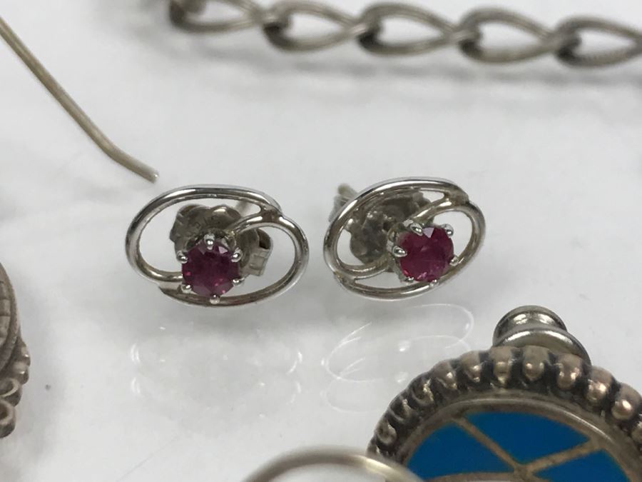 Collection Of Sterling Silver Jewelry Including Earrings (Some With Stones), Pendant And Charm Bracelet - See Photos [Photo 12]