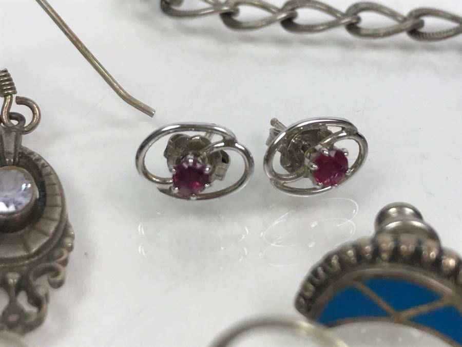 Collection Of Sterling Silver Jewelry Including Earrings (Some With Stones), Pendant And Charm Bracelet - See Photos [Photo 11]