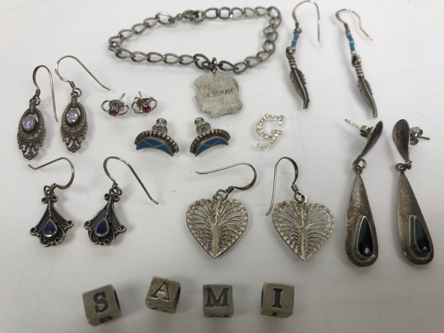 Collection Of Sterling Silver Jewelry Including Earrings (Some With Stones), Pendant And Charm Bracelet - See Photos