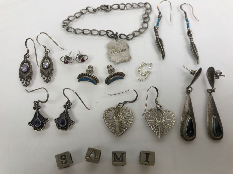 Collection Of Sterling Silver Jewelry Including Earrings (Some With Stones), Pendant And Charm Bracelet - See Photos [Photo 4]