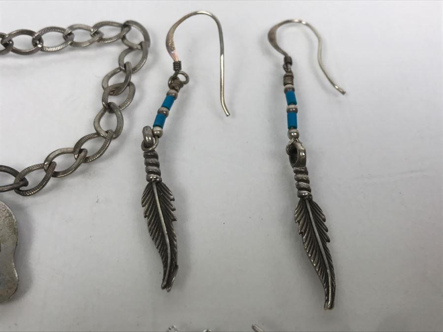 Collection Of Sterling Silver Jewelry Including Earrings (Some With Stones), Pendant And Charm Bracelet - See Photos [Photo 16]