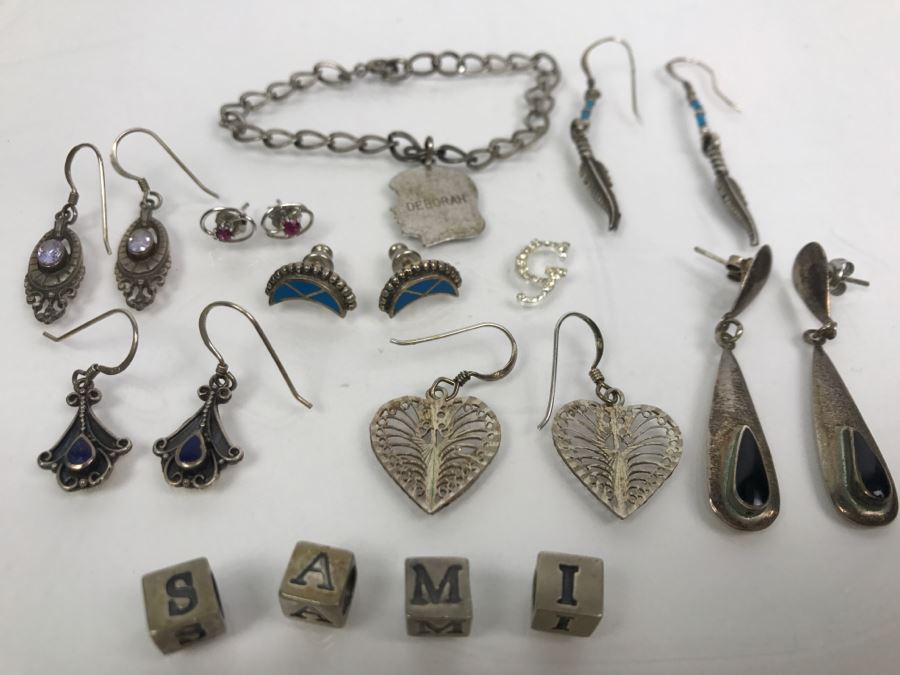 Collection Of Sterling Silver Jewelry Including Earrings (Some With Stones), Pendant And Charm Bracelet - See Photos [Photo 3]