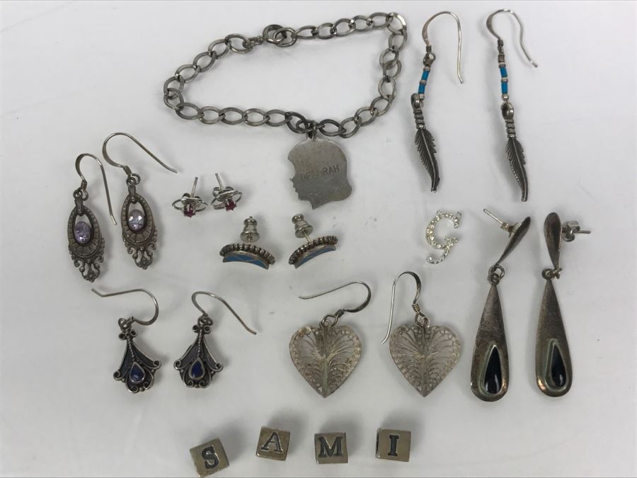 Collection Of Sterling Silver Jewelry Including Earrings (Some With Stones), Pendant And Charm Bracelet - See Photos [Photo 22]