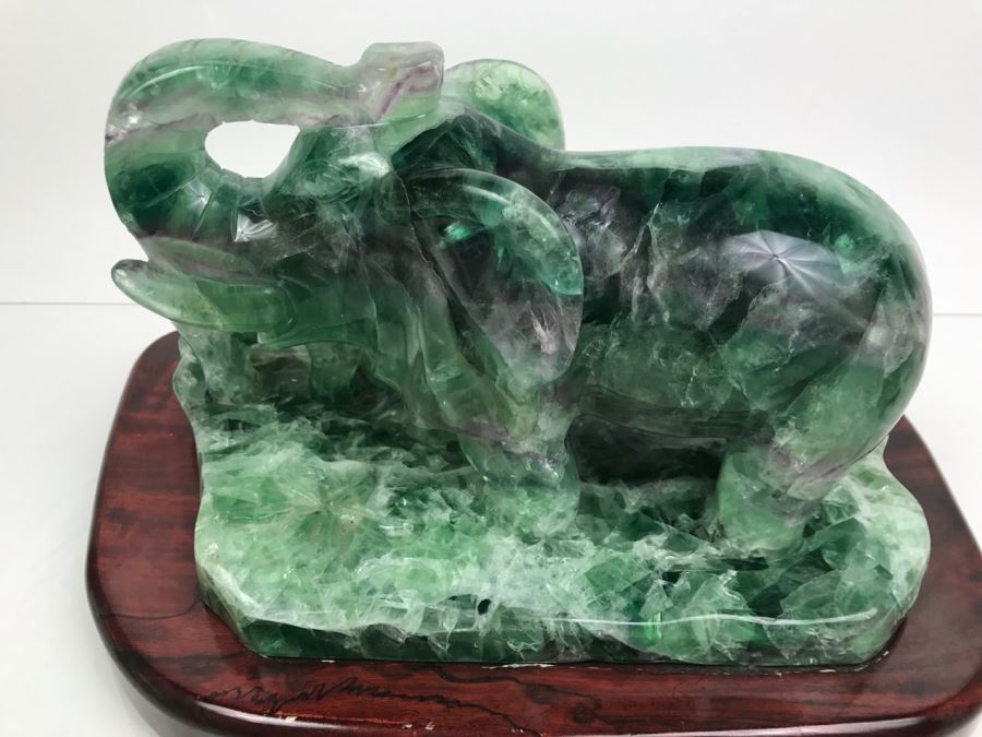Large Chinese Carved Fluorite Elephant With Calf On Custom Carved Wooden Stand [Photo 22]