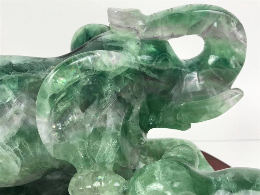 Large Chinese Carved Fluorite Elephant With Calf On Custom Carved Wooden Stand [Photo 6]