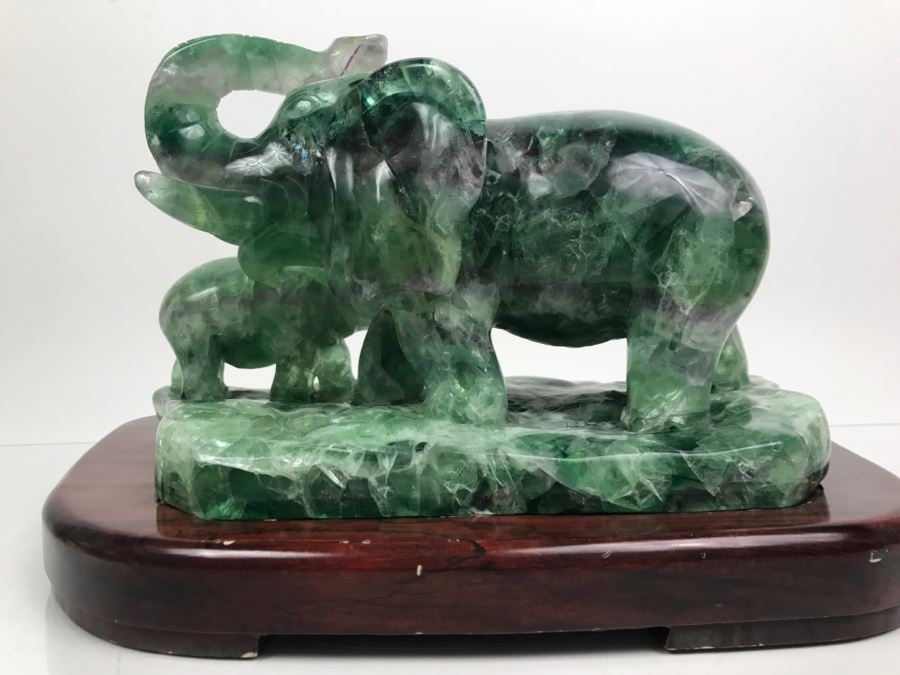 Large Chinese Carved Fluorite Elephant With Calf On Custom Carved Wooden Stand [Photo 23]