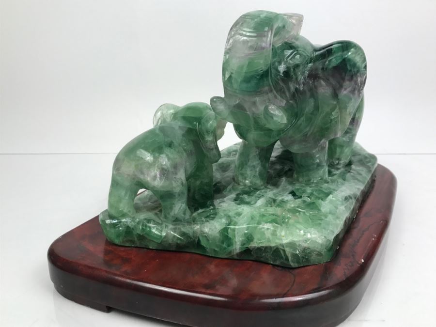 Large Chinese Carved Fluorite Elephant With Calf On Custom Carved Wooden Stand [Photo 16]