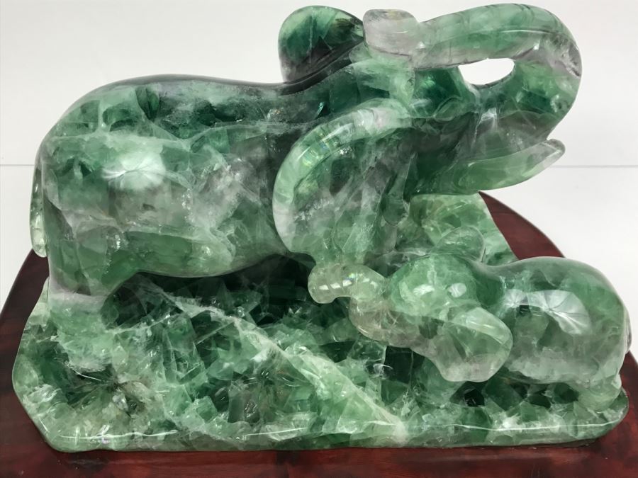 Large Chinese Carved Fluorite Elephant With Calf On Custom Carved Wooden Stand [Photo 5]