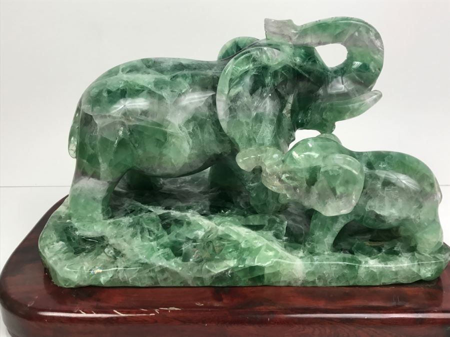 Large Chinese Carved Fluorite Elephant With Calf On Custom Carved Wooden Stand [Photo 3]