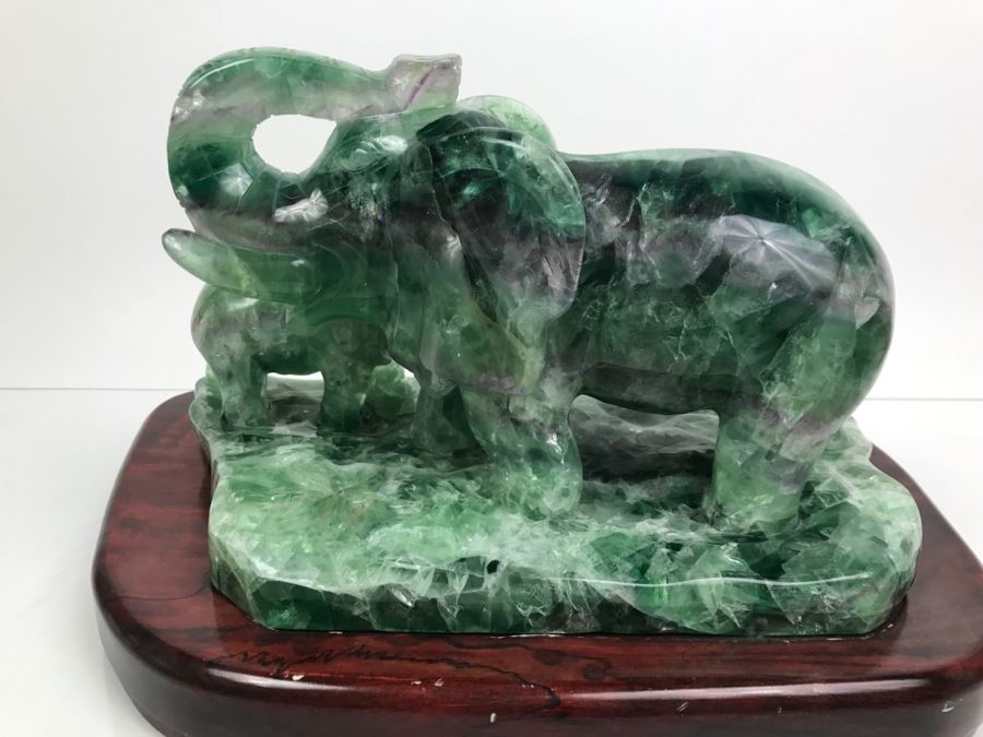 Large Chinese Carved Fluorite Elephant With Calf On Custom Carved Wooden Stand [Photo 21]