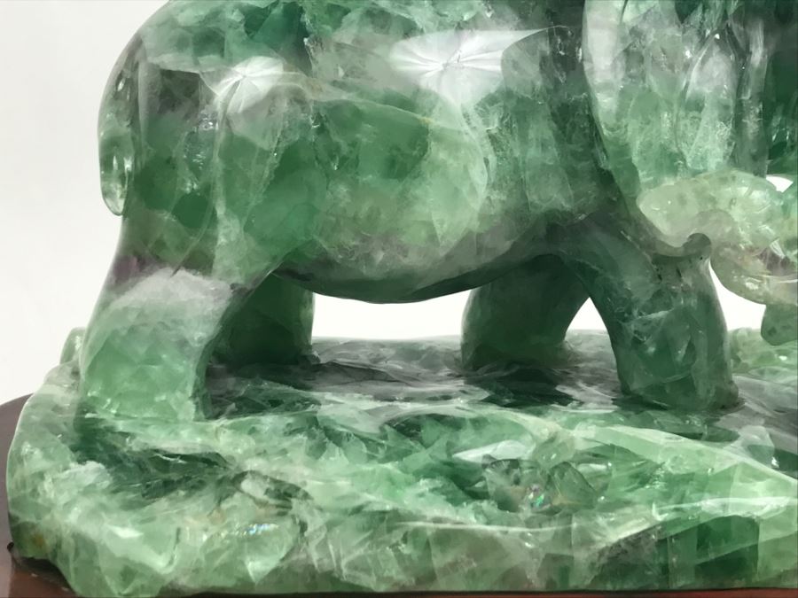 Large Chinese Carved Fluorite Elephant With Calf On Custom Carved Wooden Stand [Photo 11]