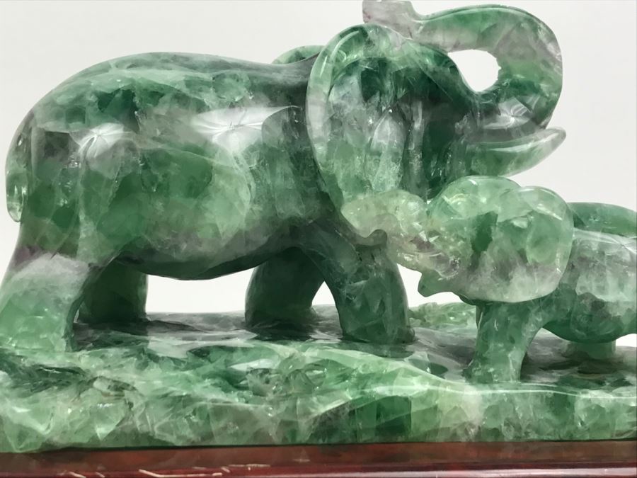 Large Chinese Carved Fluorite Elephant With Calf On Custom Carved Wooden Stand [Photo 12]