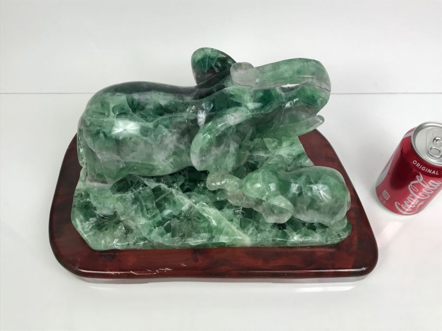 Large Chinese Carved Fluorite Elephant With Calf On Custom Carved Wooden Stand [Photo 4]