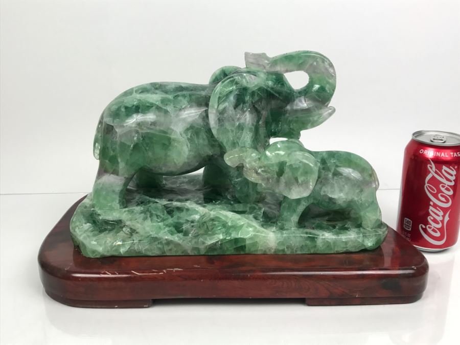 Large Chinese Carved Fluorite Elephant With Calf On Custom Carved Wooden Stand