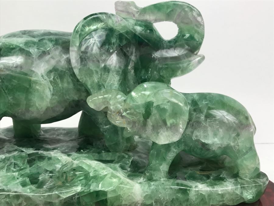 Large Chinese Carved Fluorite Elephant With Calf On Custom Carved Wooden Stand [Photo 7]