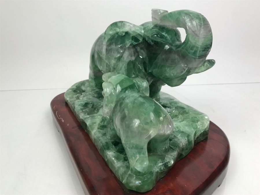 Large Chinese Carved Fluorite Elephant With Calf On Custom Carved Wooden Stand [Photo 13]