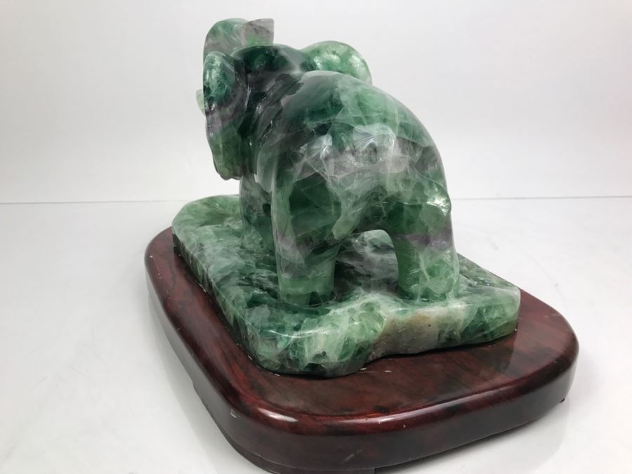 Large Chinese Carved Fluorite Elephant With Calf On Custom Carved Wooden Stand [Photo 24]