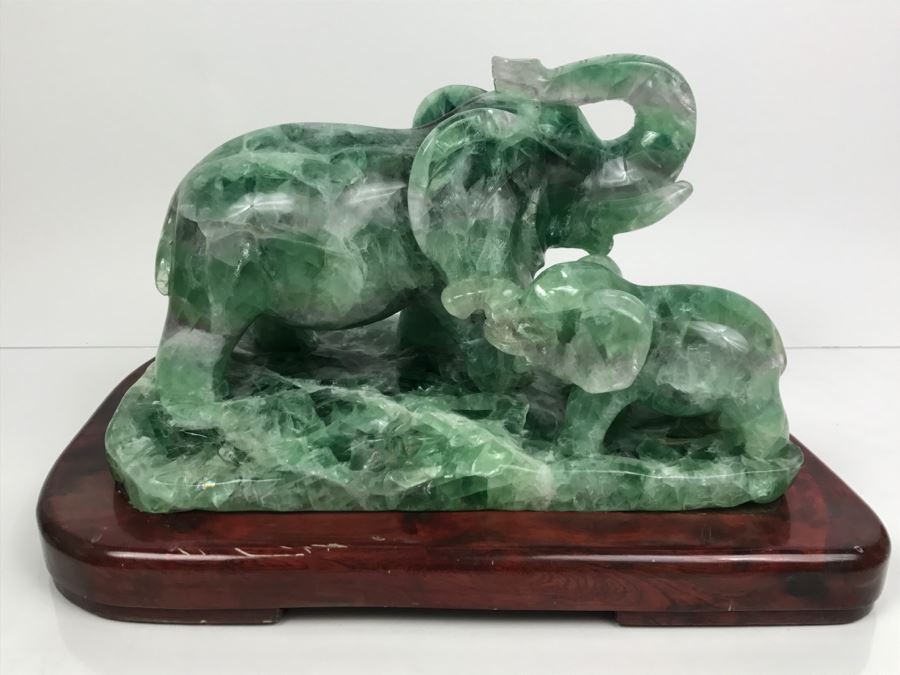 Large Chinese Carved Fluorite Elephant With Calf On Custom Carved Wooden Stand [Photo 2]