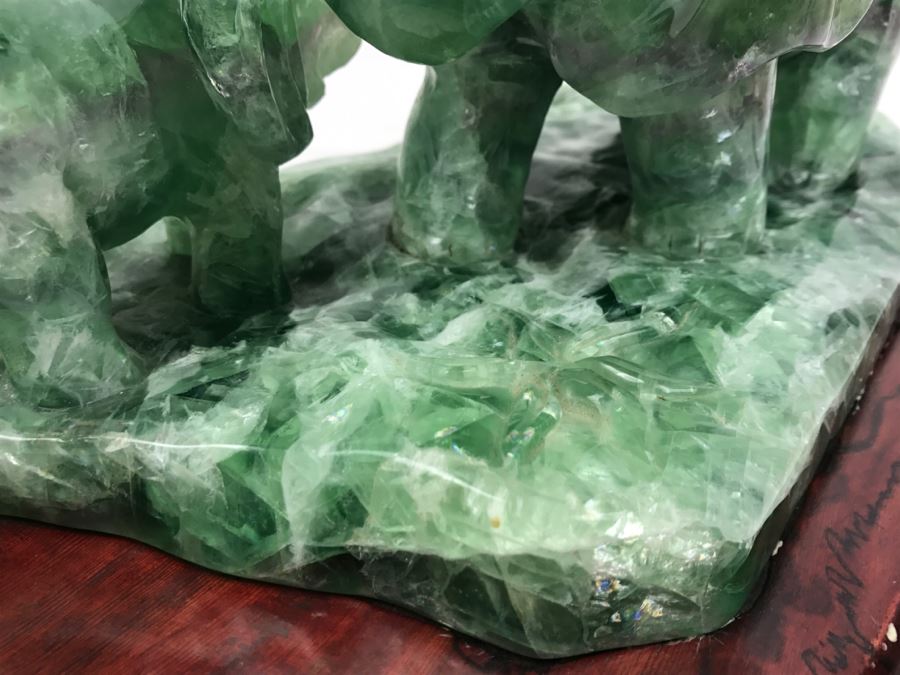 Large Chinese Carved Fluorite Elephant With Calf On Custom Carved Wooden Stand [Photo 17]