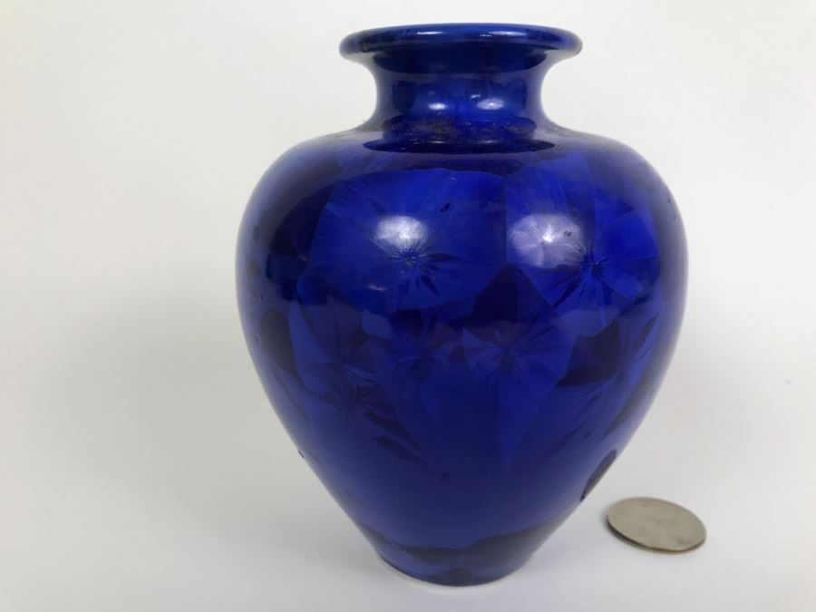 Signed Blue Vase Japanese Cloisonne Style Signature Illegible