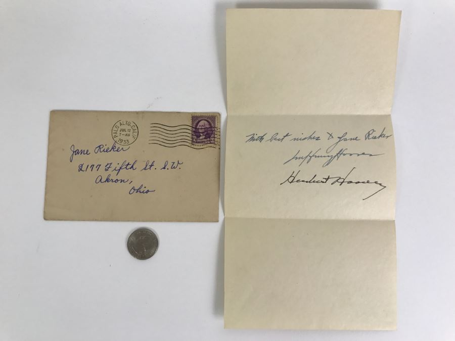 Vintage 1933 Handwritten Note And Signatures From Lou Henry Hoover (Former First Lady of the United States) AND President Herbert Hoover