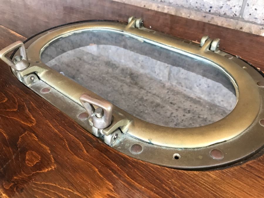 Wooden Coffee Table With Vintage Brass Ships Porthole And Storage For 5 Wine Bottle Below Table [Photo 8]