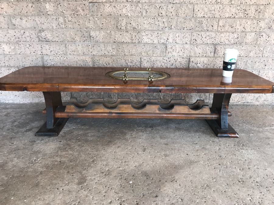 Wooden Coffee Table With Vintage Brass Ships Porthole And Storage For 5 Wine Bottle Below Table [Photo 4]