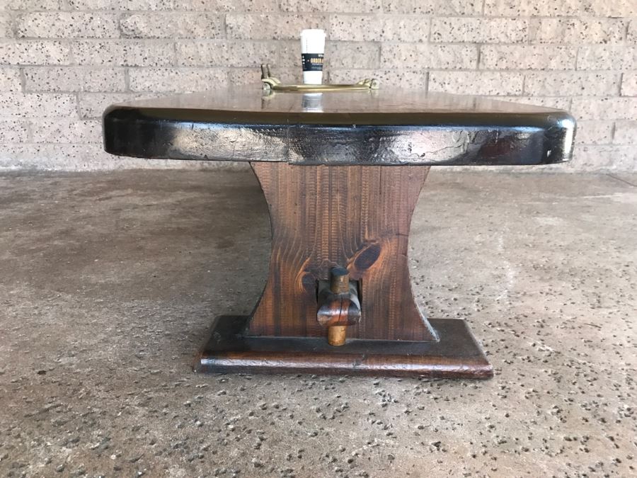 Wooden Coffee Table With Vintage Brass Ships Porthole And Storage For 5 Wine Bottle Below Table [Photo 12]