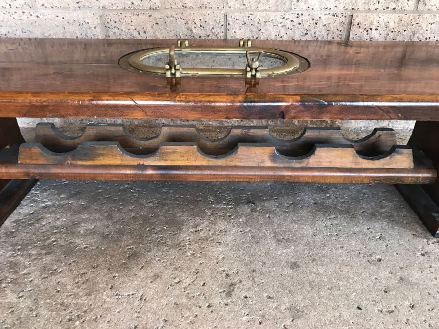 Wooden Coffee Table With Vintage Brass Ships Porthole And Storage For 5 Wine Bottle Below Table [Photo 5]