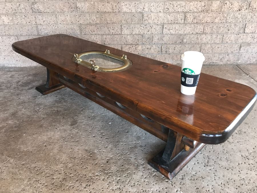 Wooden Coffee Table With Vintage Brass Ships Porthole And Storage For 5 Wine Bottle Below Table [Photo 10]