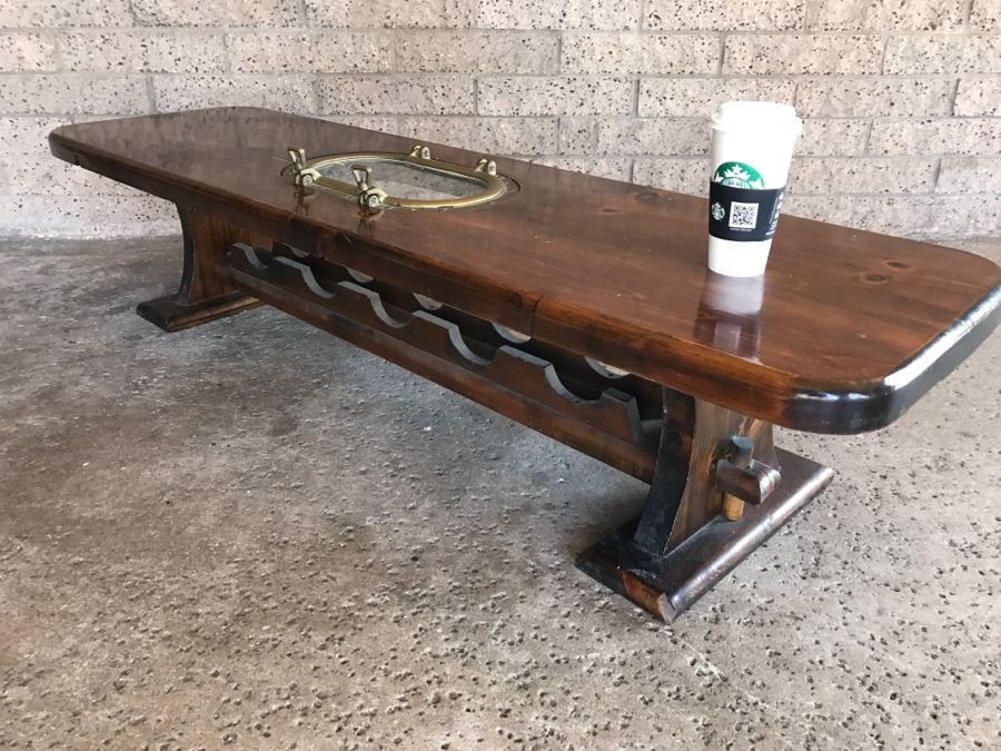 Wooden Coffee Table With Vintage Brass Ships Porthole And Storage For 5 Wine Bottle Below Table [Photo 9]