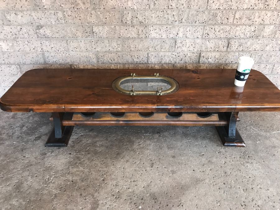 Wooden Coffee Table With Vintage Brass Ships Porthole And Storage For 5 Wine Bottle Below Table