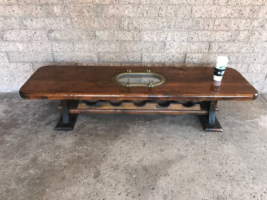 Wooden Coffee Table With Vintage Brass Ships Porthole And Storage For 5 Wine Bottle Below Table [Photo 3]