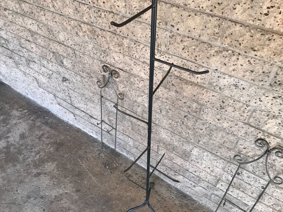 Wrought Iron Floor Stand And (2) Wall Mounted Metal Hooks