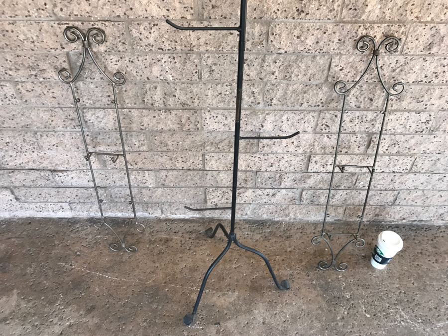 Wrought Iron Floor Stand And (2) Wall Mounted Metal Hooks [Photo 3]